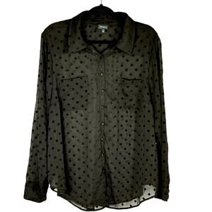 Torrid Womens Button Up Top Sheer Chiffon Long Sleeve Polkadot Black 2X